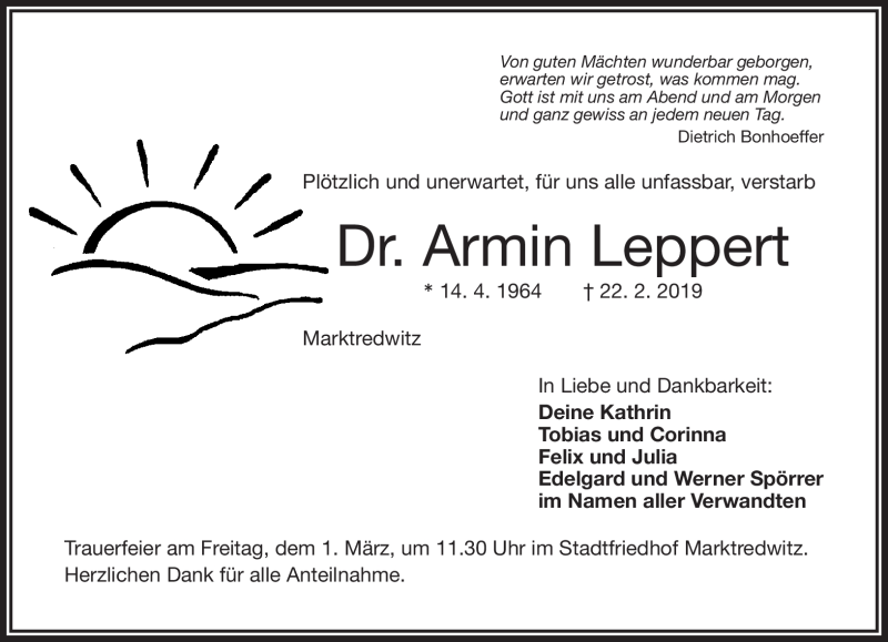  Traueranzeige für Dr. Armin Leppert vom 27.02.2019 aus Frankenpost