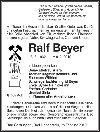 Traueranzeige von Ralf Beyer von Südthüringer Presse