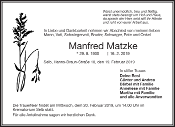 Traueranzeige von Manfred Matzke von Frankenpost