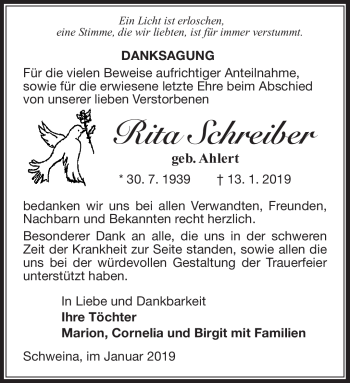 Traueranzeige von Rita Schreiber von Südthüringer Presse