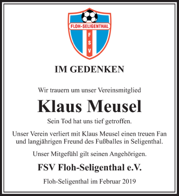 Traueranzeige von Klaus Meusel von Südthüringer Presse