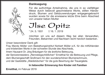 Traueranzeige von Ilse Opitz von Südthüringer Presse
