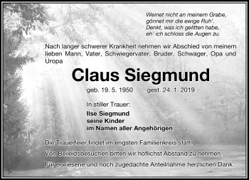 Traueranzeige von Claus Siegmund von Südthüringer Presse
