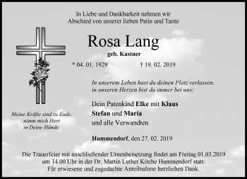 Traueranzeige von Rosa Lang von Neue Presse Coburg