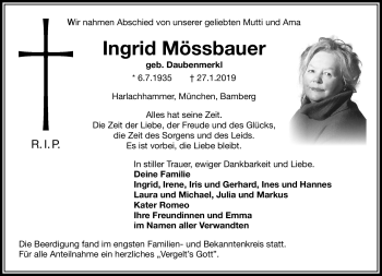 Traueranzeige von Ingrid Mössbauer von Frankenpost