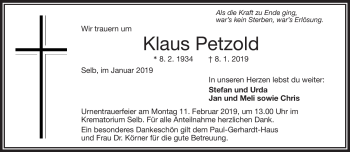Traueranzeige von Klaus Petzold von Frankenpost