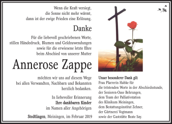 Traueranzeige von Annerose Zappe von Südthüringer Presse