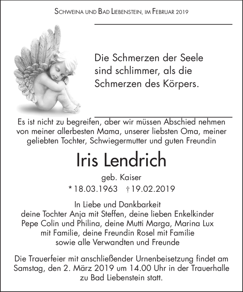  Traueranzeige für Iris Lendrich vom 27.02.2019 aus Südthüringer Presse