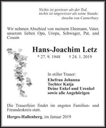 Traueranzeige von Hans-Joachim Letz von Südthüringer Presse