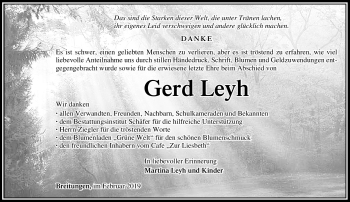 Traueranzeige von Gerd Leyh von Südthüringer Presse
