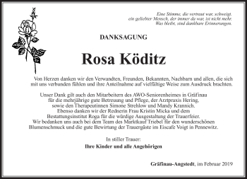 Traueranzeige von Rosa Köditz von Südthüringer Presse