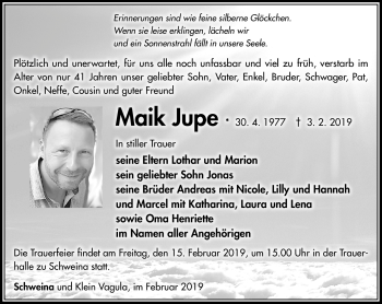 Traueranzeige von Maik Jupe von Südthüringer Presse