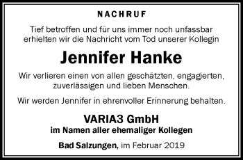 Traueranzeige von Jeniffer Hahnke von Südthüringer Presse