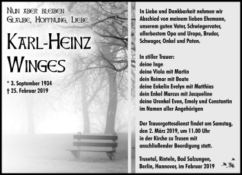 Traueranzeige von Karl-Heinz Winges von Südthüringer Presse