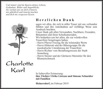 Traueranzeige von Charlotte Karl von Südthüringer Presse