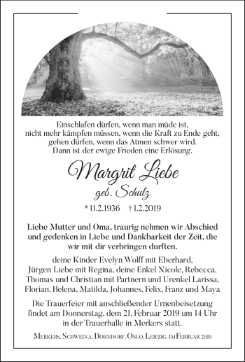 Traueranzeige von Margrit Liebe von Südthüringer Presse