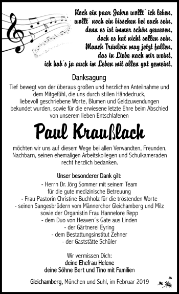 Traueranzeige von Paul Kraußlach von Südthüringer Presse