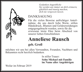 Traueranzeige von Anneliese Rausch von Südthüringer Presse