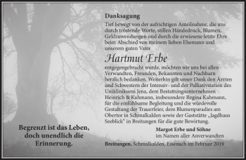 Traueranzeige von Hartmut Erbe von Südthüringer Presse