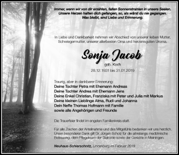 Traueranzeige von Sonja Jacob von Südthüringer Presse