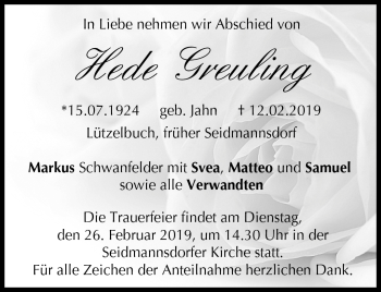 Traueranzeige von Hede Greuling von Neue Presse Coburg