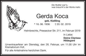 Traueranzeige von Gerda Koca von Frankenpost