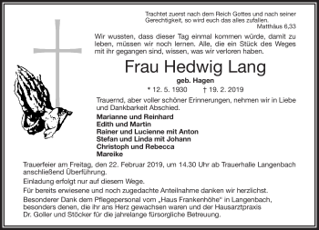 Traueranzeige von Hedwig Lang von Frankenpost
