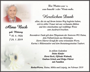 Traueranzeige von Alma Beck von Südthüringer Presse