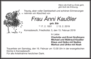 Traueranzeige von Änni Kaußler von Frankenpost