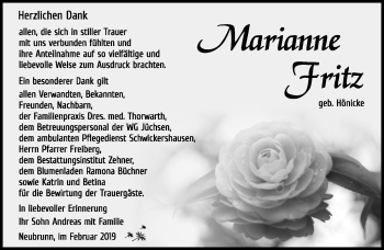 Traueranzeige von Marianne Fritz von Südthüringer Presse