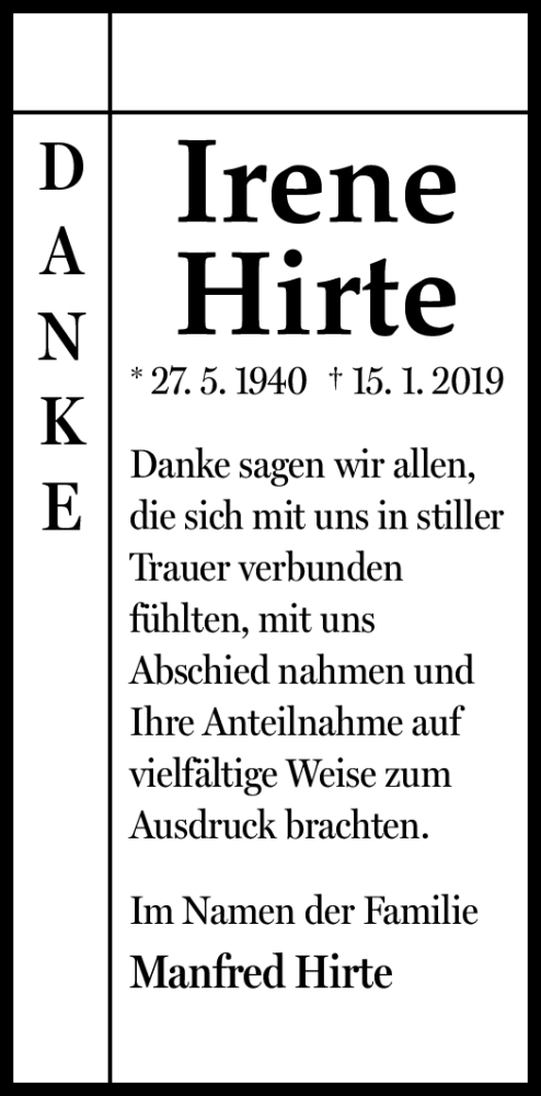  Traueranzeige für Irene Hirte vom 02.02.2019 aus Neue Presse Coburg