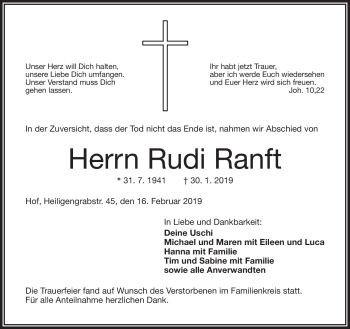 Traueranzeige von Rudi Ranft von Frankenpost