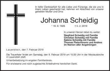Traueranzeige von Johanna Scheidig von Neue Presse Coburg