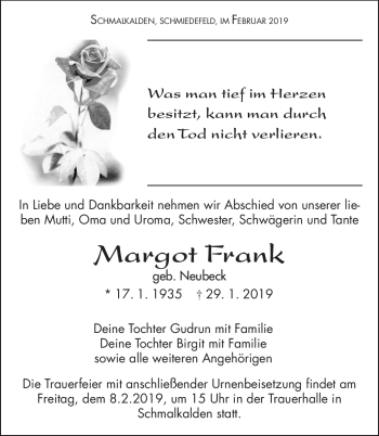 Traueranzeige von Margot Frank von Südthüringer Presse