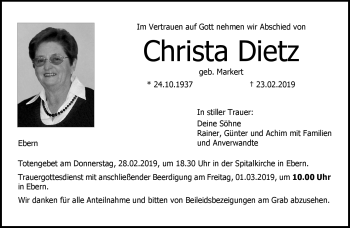Traueranzeige von Christa Dietz von Neue Presse Coburg