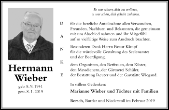 Traueranzeige von Hermann Wieber von Südthüringer Presse