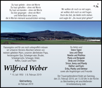 Traueranzeige von Wilfried Weber von Südthüringer Presse