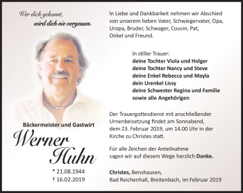 Traueranzeige von Werner Huhn von Südthüringer Presse