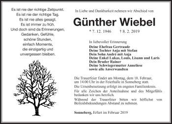 Traueranzeige von Günther Wiebel von Südthüringer Presse