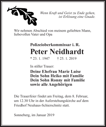 Traueranzeige von Peter Neidhardt von Südthüringer Presse