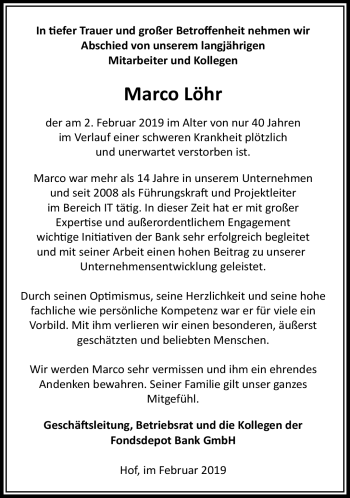 Traueranzeige von Marco Löhr von Frankenpost