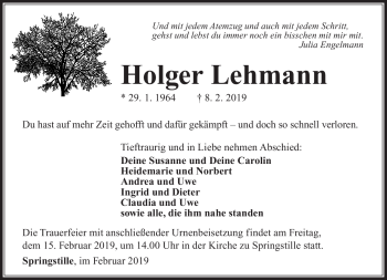 Traueranzeige von Holger Lehmann von Südthüringer Presse