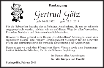 Traueranzeige von Gertrud Götz von Südthüringer Presse