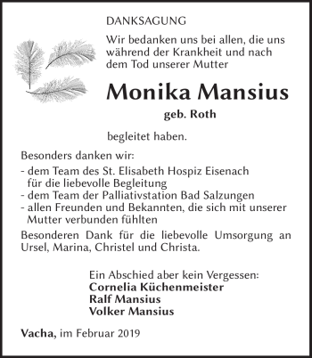 Traueranzeige von Mansius Monika von Südthüringer Presse
