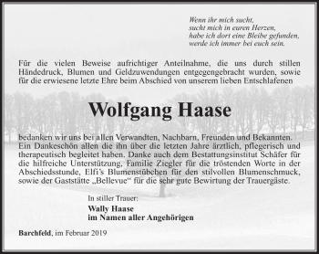 Traueranzeige von Wolfgang Haase von Südthüringer Presse