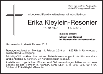 Traueranzeige von Erika Kleylein-Resonier von Neue Presse Coburg