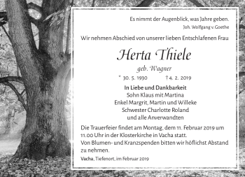 Traueranzeige von Herta Thiele von Südthüringer Presse