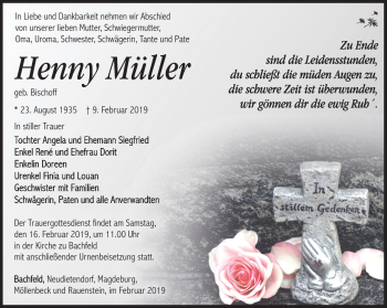 Traueranzeige von Henny Müller von Südthüringer Presse