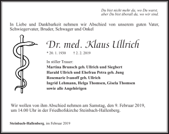 Traueranzeige von Klaus Ullrich von Südthüringer Presse