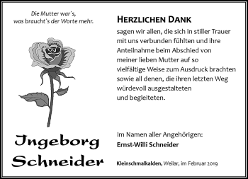 Traueranzeige von Ingeborg Schneider von Südthüringer Presse